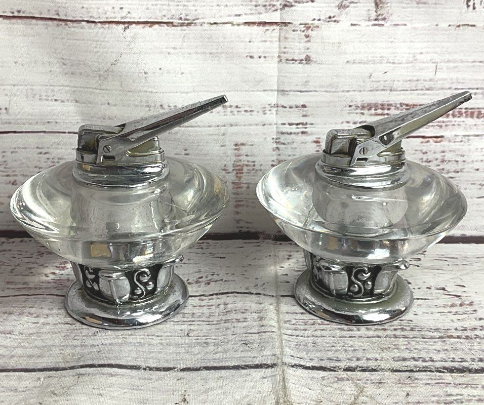 Ronson Vintage MCM Nordic Set of 2 Glass 3.5" Tabletop Lighters Clear