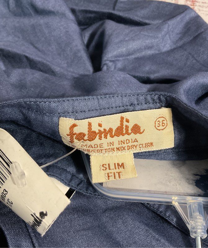 NEW Fabindia Shirt Men's Kurta Long Slim Fit Khadi 1/4 Button Blue Size 36