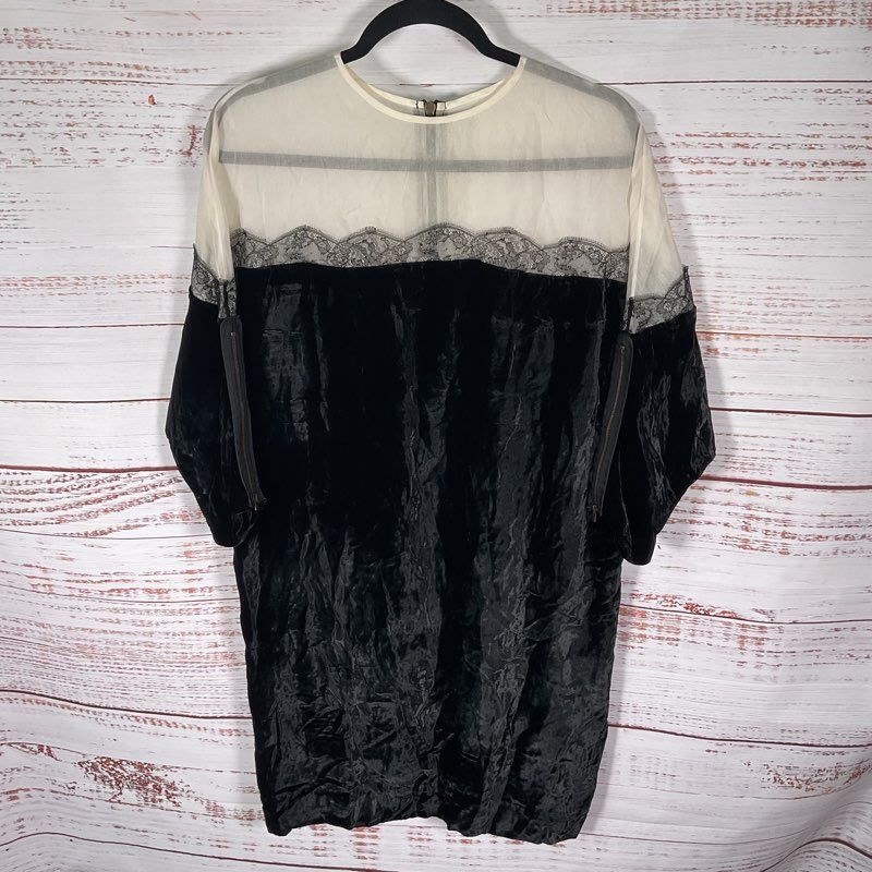 Stella Mccartney Black Velvet Sheer Top Lace Detail 3/4 Sleeve Mini Dress Size 4