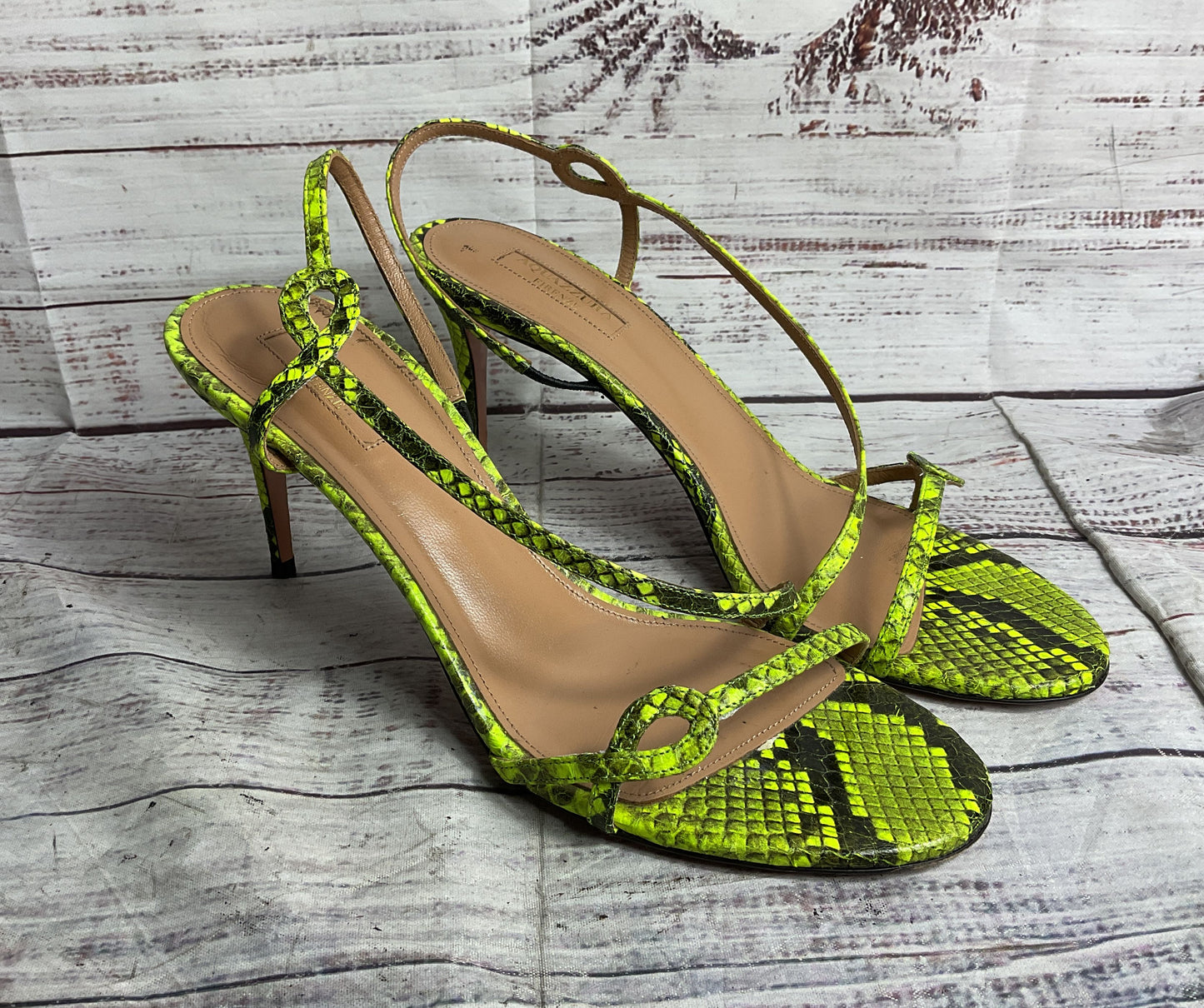 Aquazurra Leather Serpentine Python Sandals Green 39.5