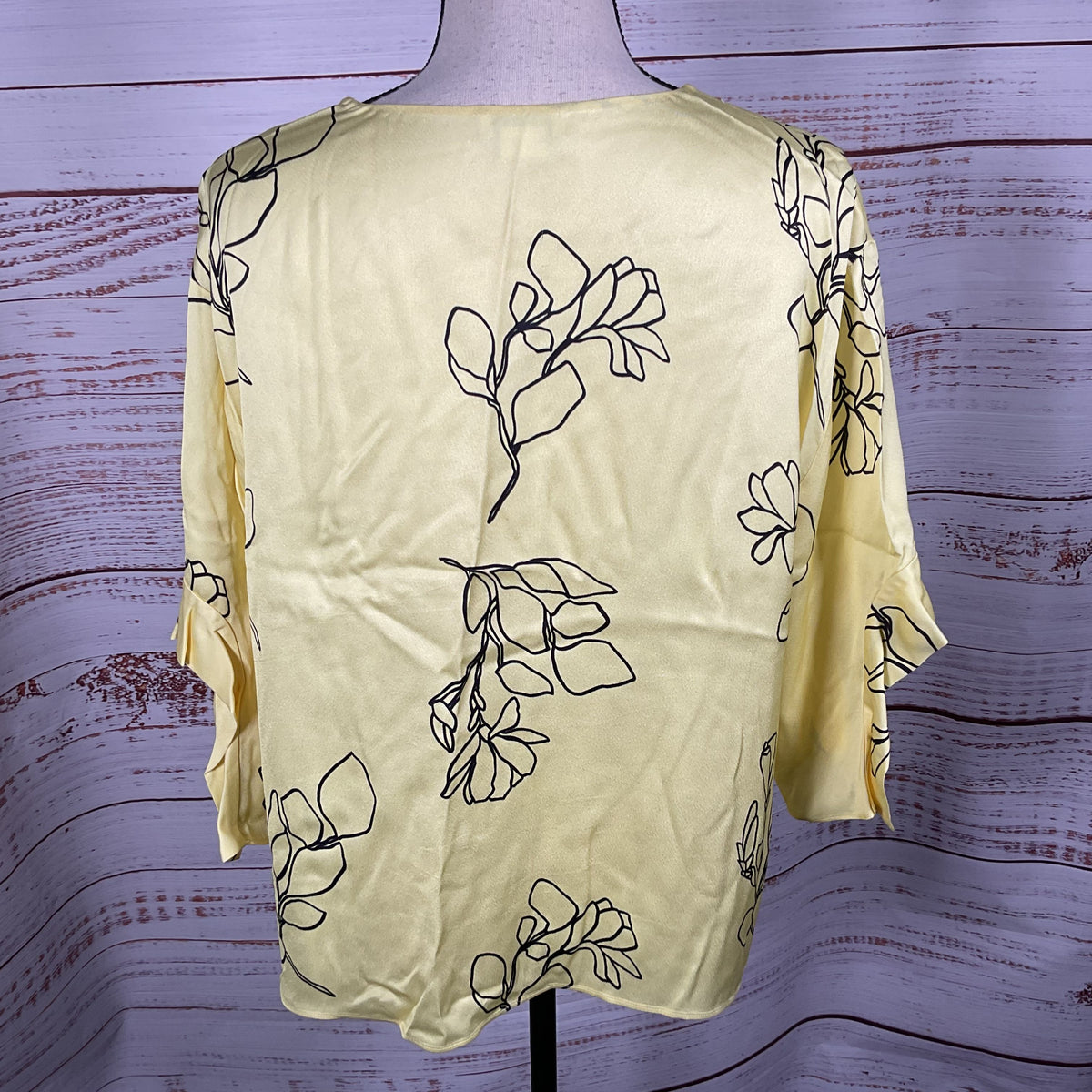 JASON WU Women's Yellow Floral Print V-Neck Sateen Blouse- SZ M