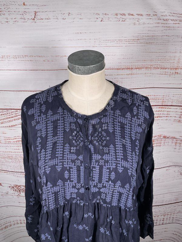 Johnny Was Women's Blue Tunic Embroidered Blouse Size S Cupra Rayon
