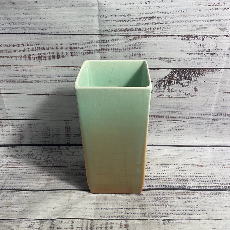 William Menker 7" Green/Brown Ombre Square Ceramic MCM Vase F-101
