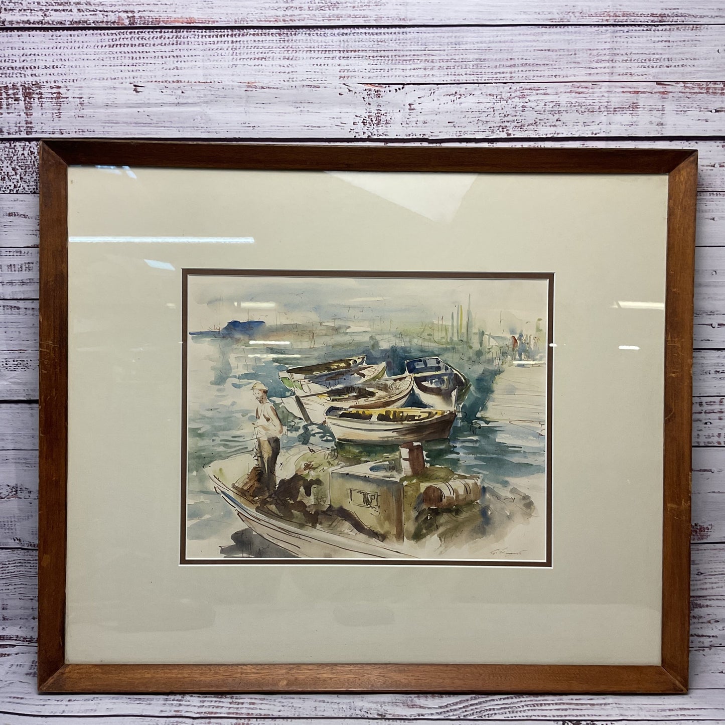 Fisherman Standing On Boat Watercolor Painting by G. Pimenta? Signed.