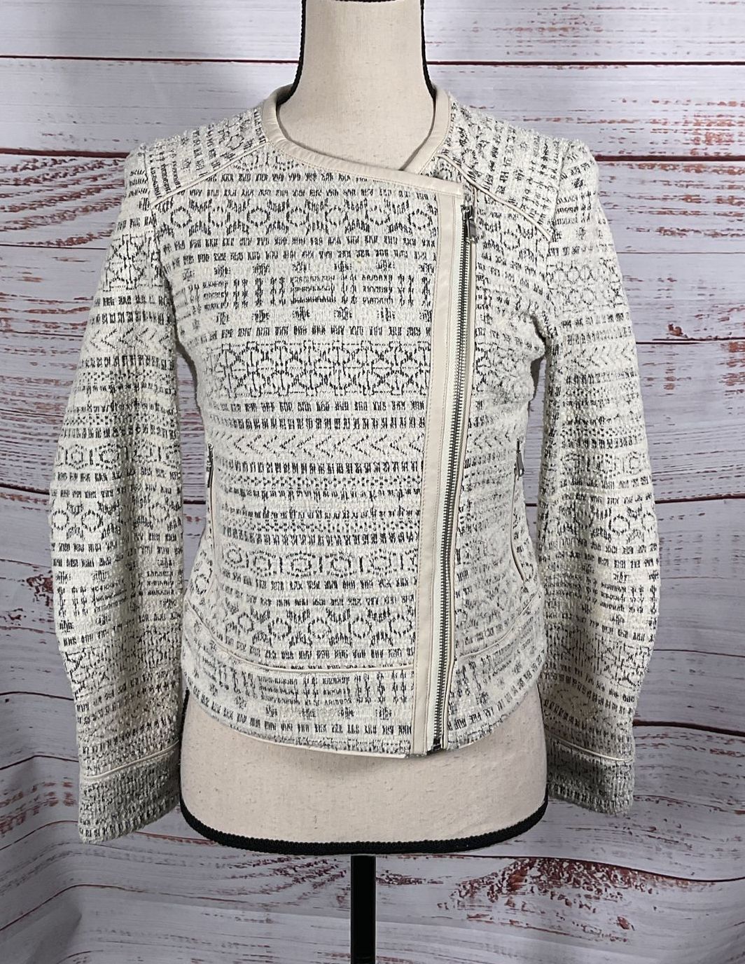 Joie Pattyn Jacquard Tweed Moto Leather Trim Jacket Ivory XS