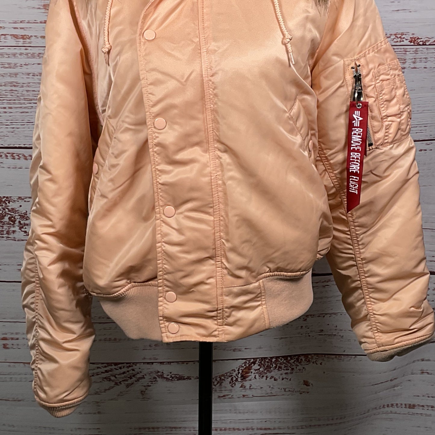 ALPHA INDUSTRIES Women's Pink/Peach Bomber Jacket with Faux Fur Hoodie- SZ M