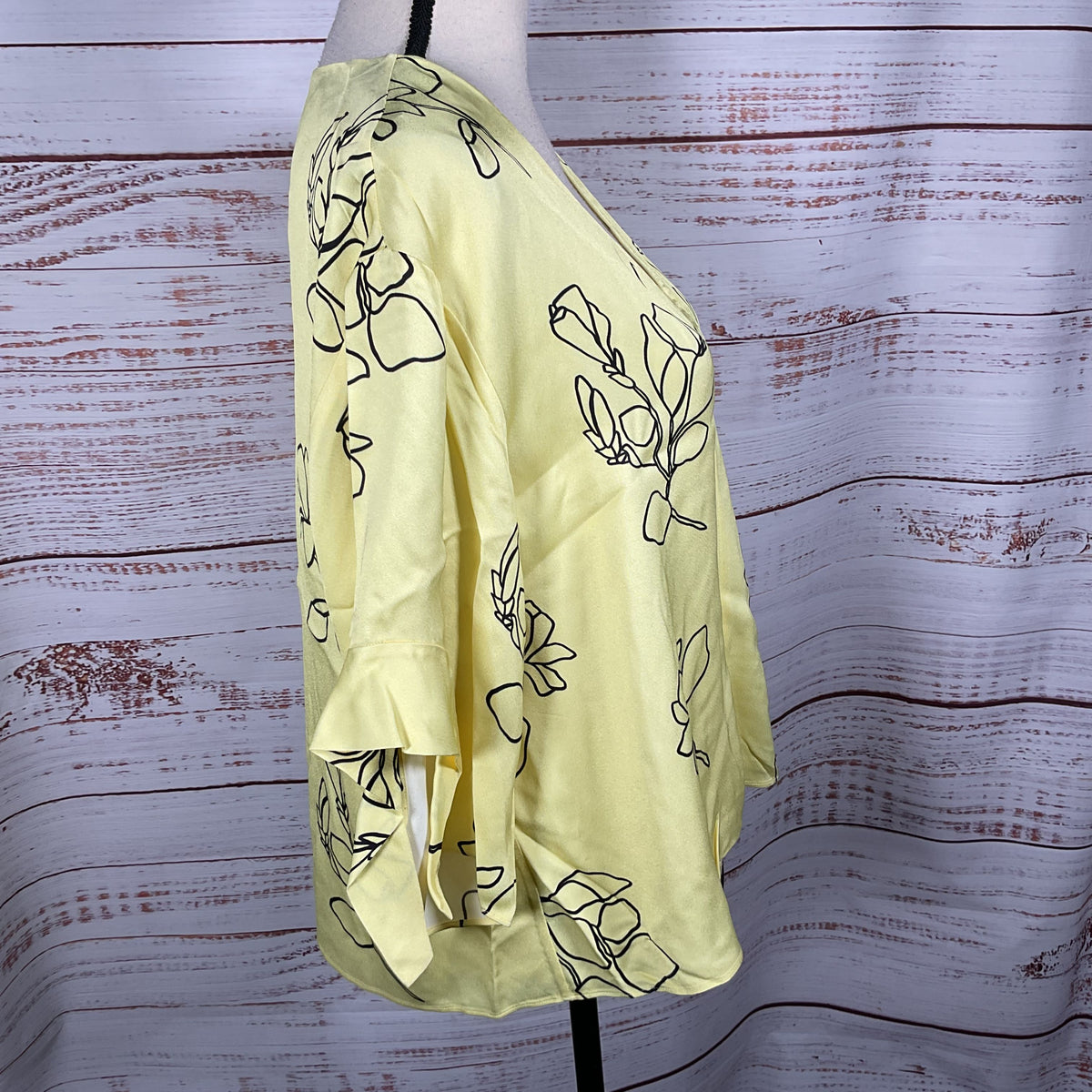 JASON WU Women's Yellow Floral Print V-Neck Sateen Blouse- SZ M