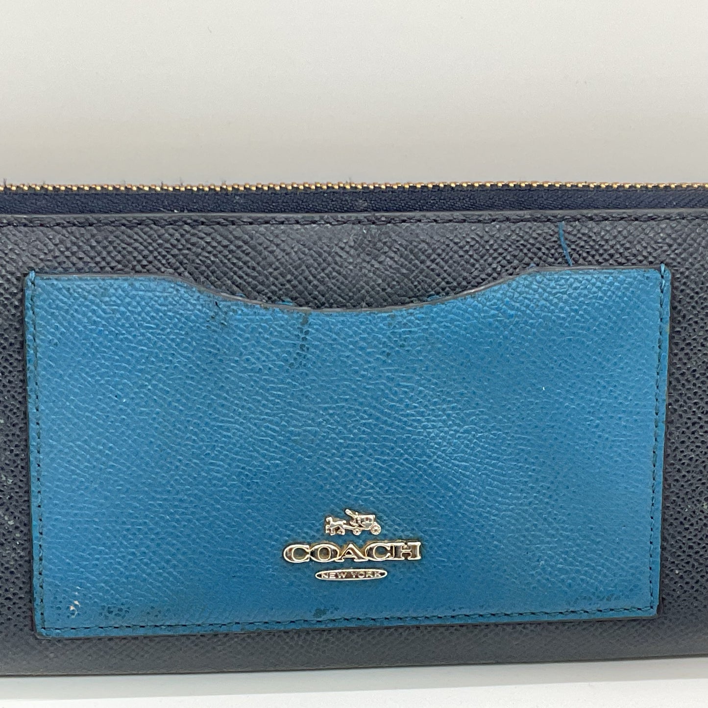COACH Blue Colorblock Accordion Zip Crossgrain Leather Wallet