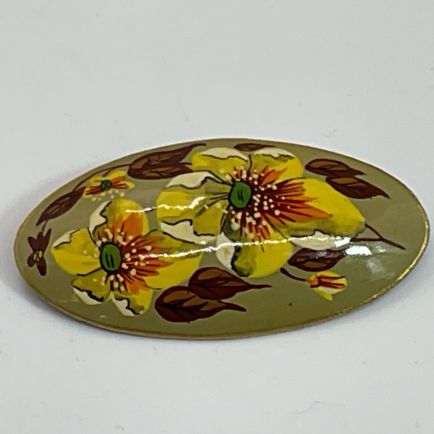 Signed VTG. Flower Floral Hand Painted Lacquer Brooch- 2"