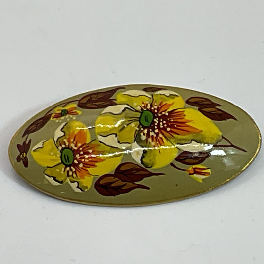 Signed VTG. Flower Floral Hand Painted Lacquer Brooch- 2"