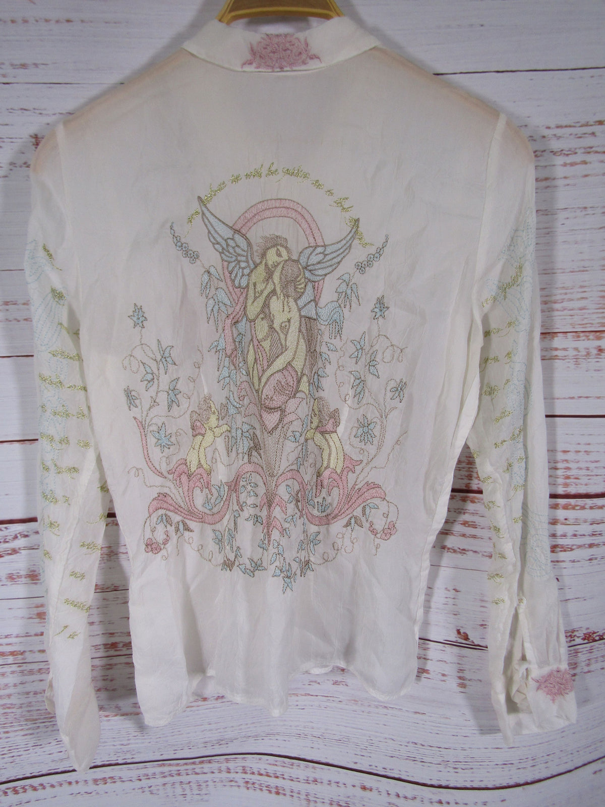 Vintage Johnny Was Angel Women's White Cherub Motif Long Sleeve Blouse Size M