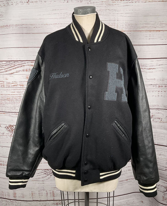 Hudson x Brandon Williams Leather Virgin Wool Varsity Jacket Black XL
