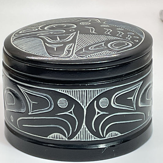 VTG. Haida Carved Faux Argillite Trinket Box with Lid- 2" x 3"