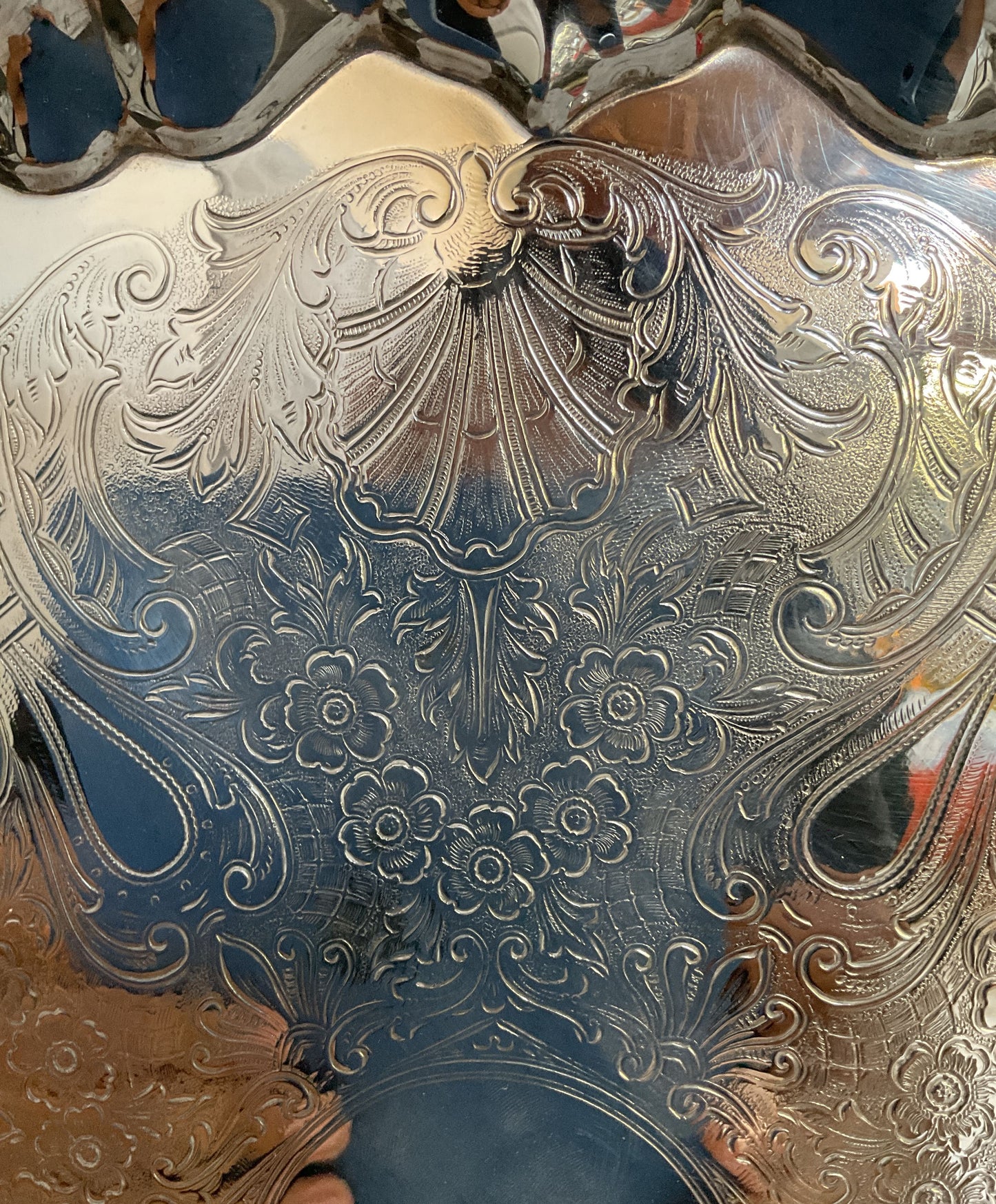 Vintage Crosby Ornate Floral Etched Baroque Silver Plated Platter