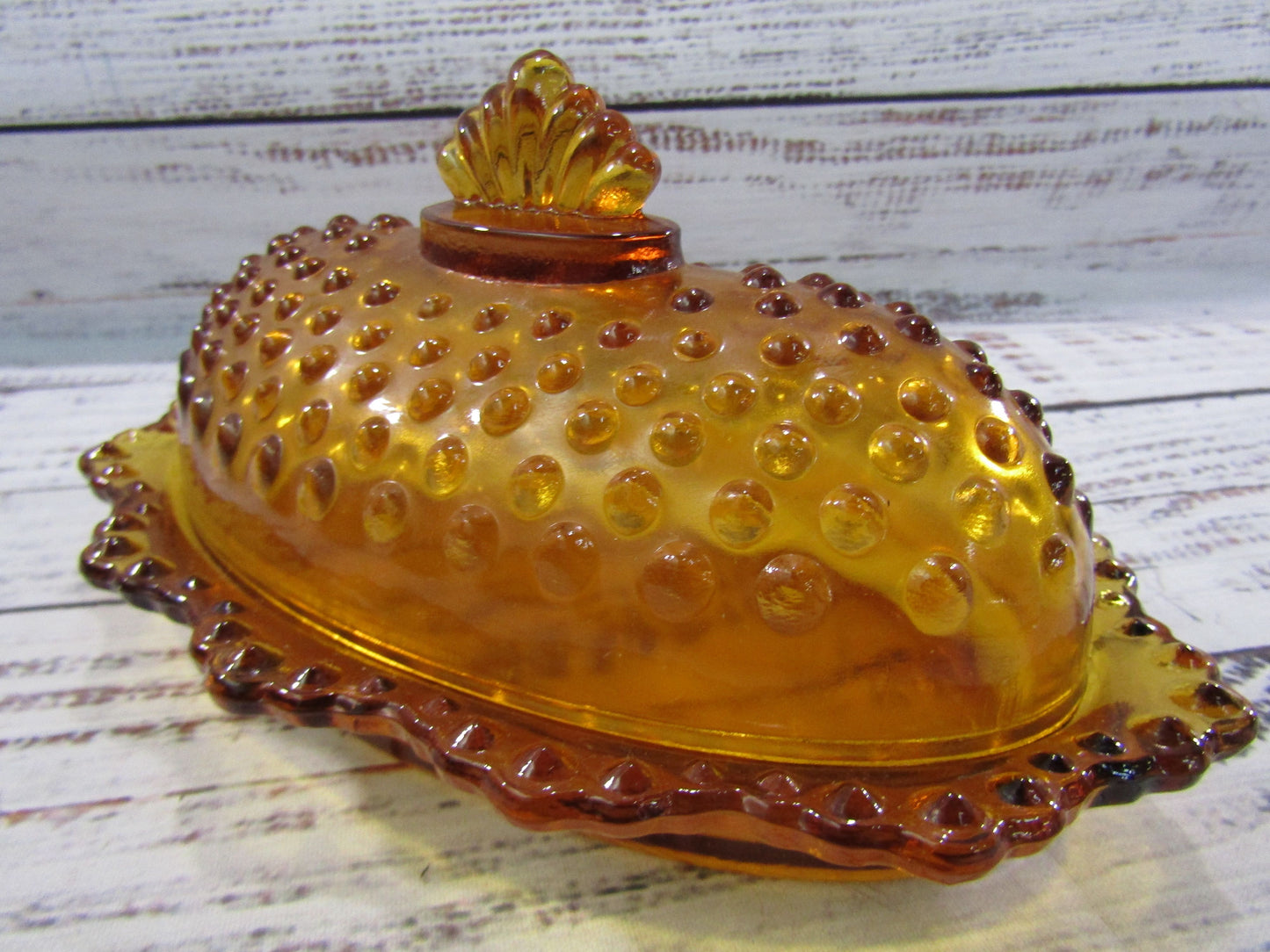 Vintage L.E. Smith Hobnail Amber Glass Covered Butter Tray Shaker
