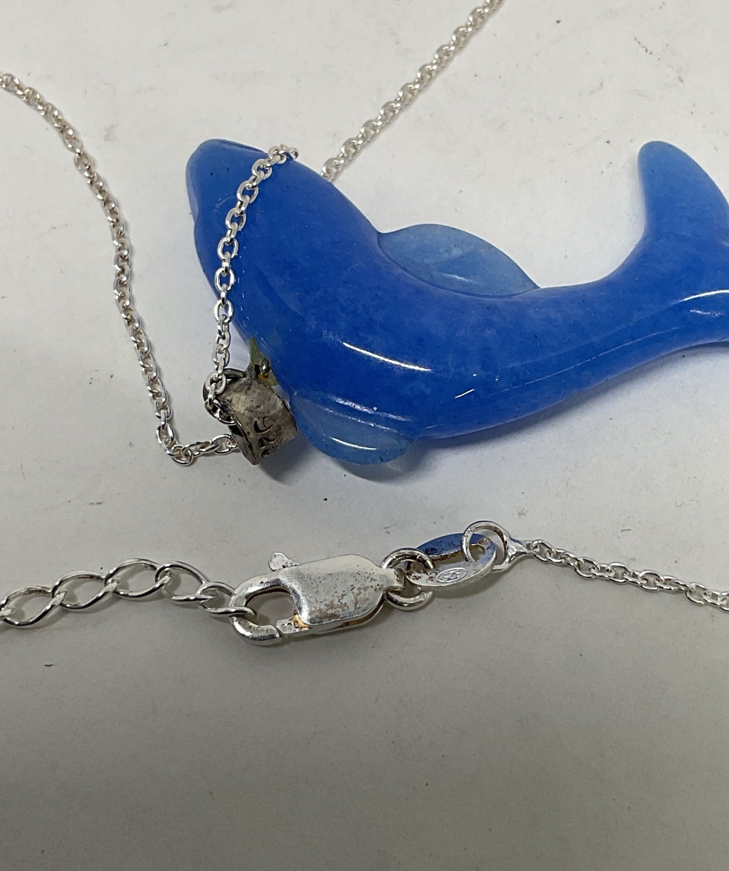 Blue Jade Dolphin Pendant Sterling Silver Chain Necklace