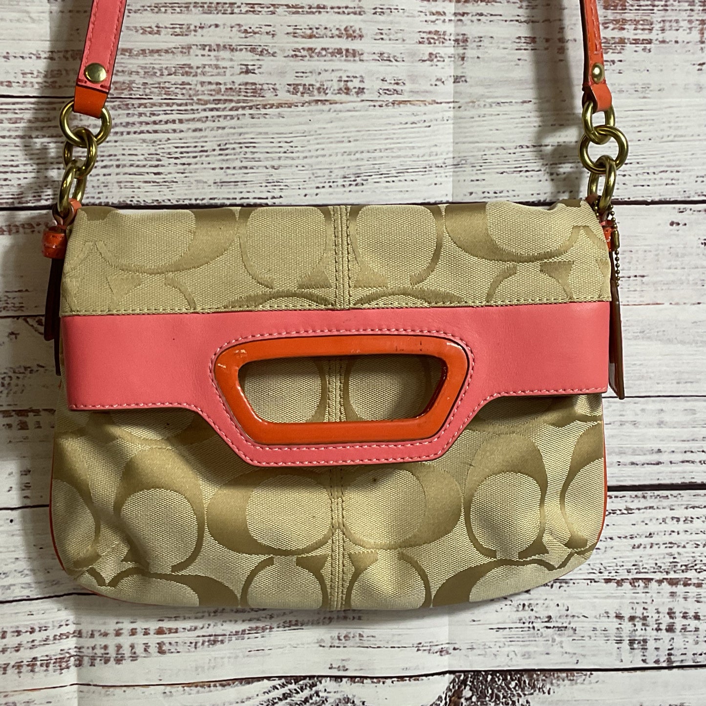 COACH Bonnie Signature Tan Pink/Coral Colorblock Trim Canvas Crossbody/Hand Bag