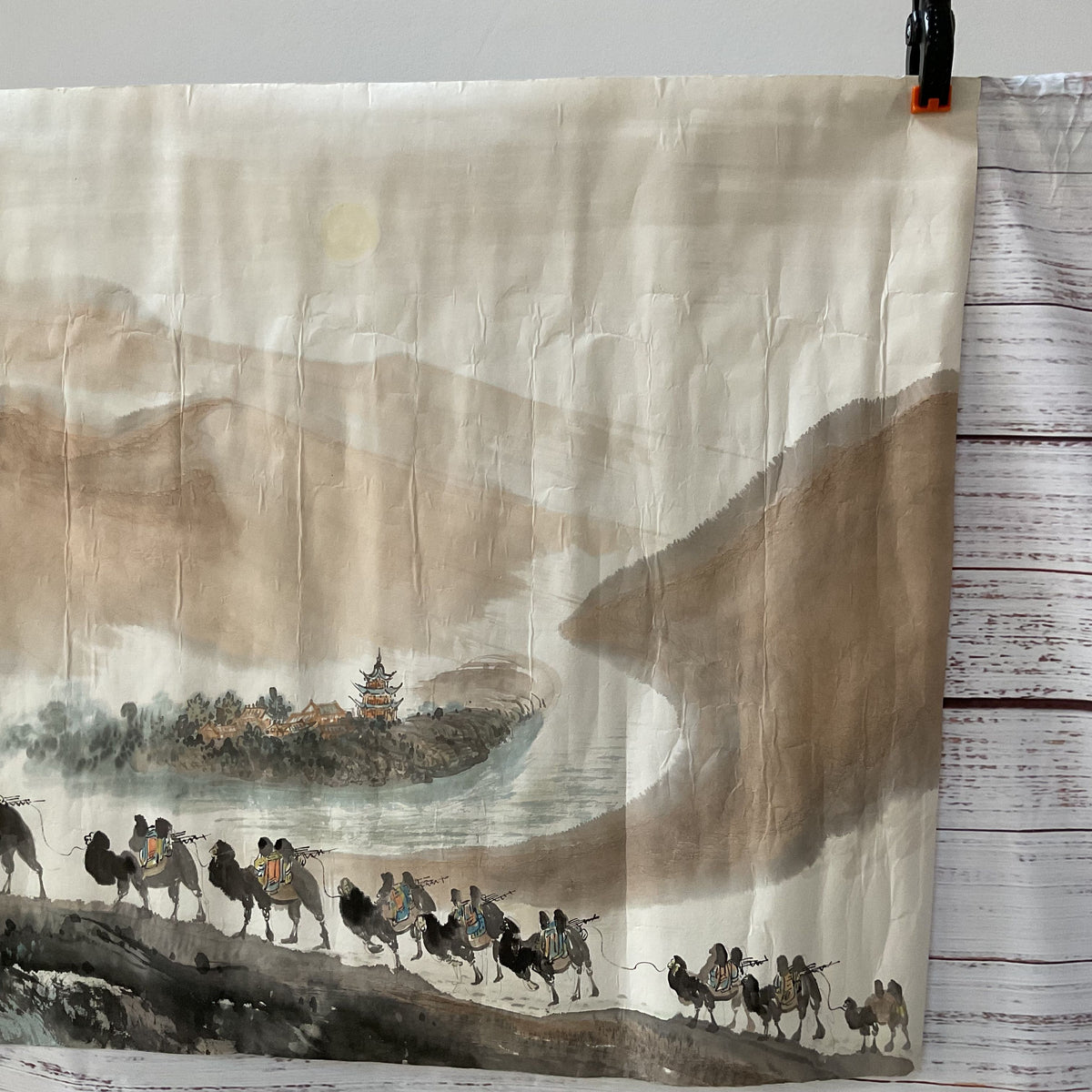 VTG/ANTIQUE Chinese Mingsha Mountain & Crescent Lake Ink & Color Painting- 48.5"