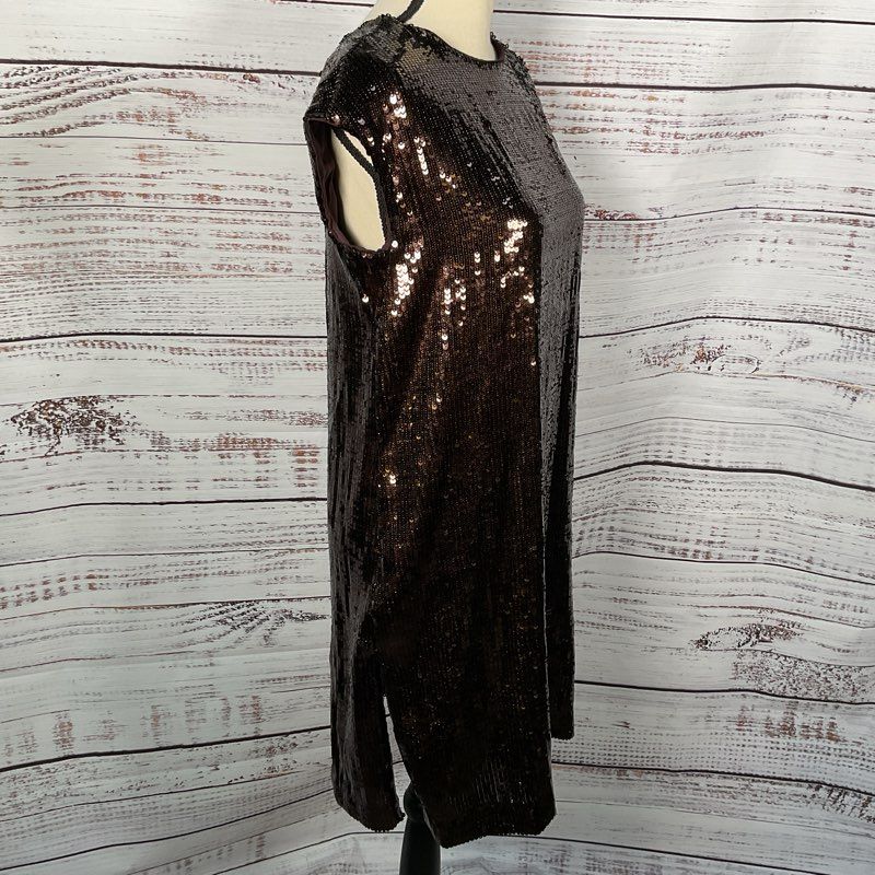 NWT MAEVE for ANTHROPOLOGIE Women's Brown Sequin Short Side Slit Dress- SZ XS