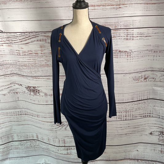 Carmen Marc Valvo Navy Blue Faux Wrap Stretch Dress - Size M