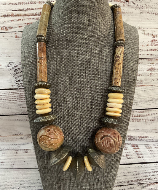 Vintage Tribal Hand Carved Soapstone Silver Plated Disc Necklace