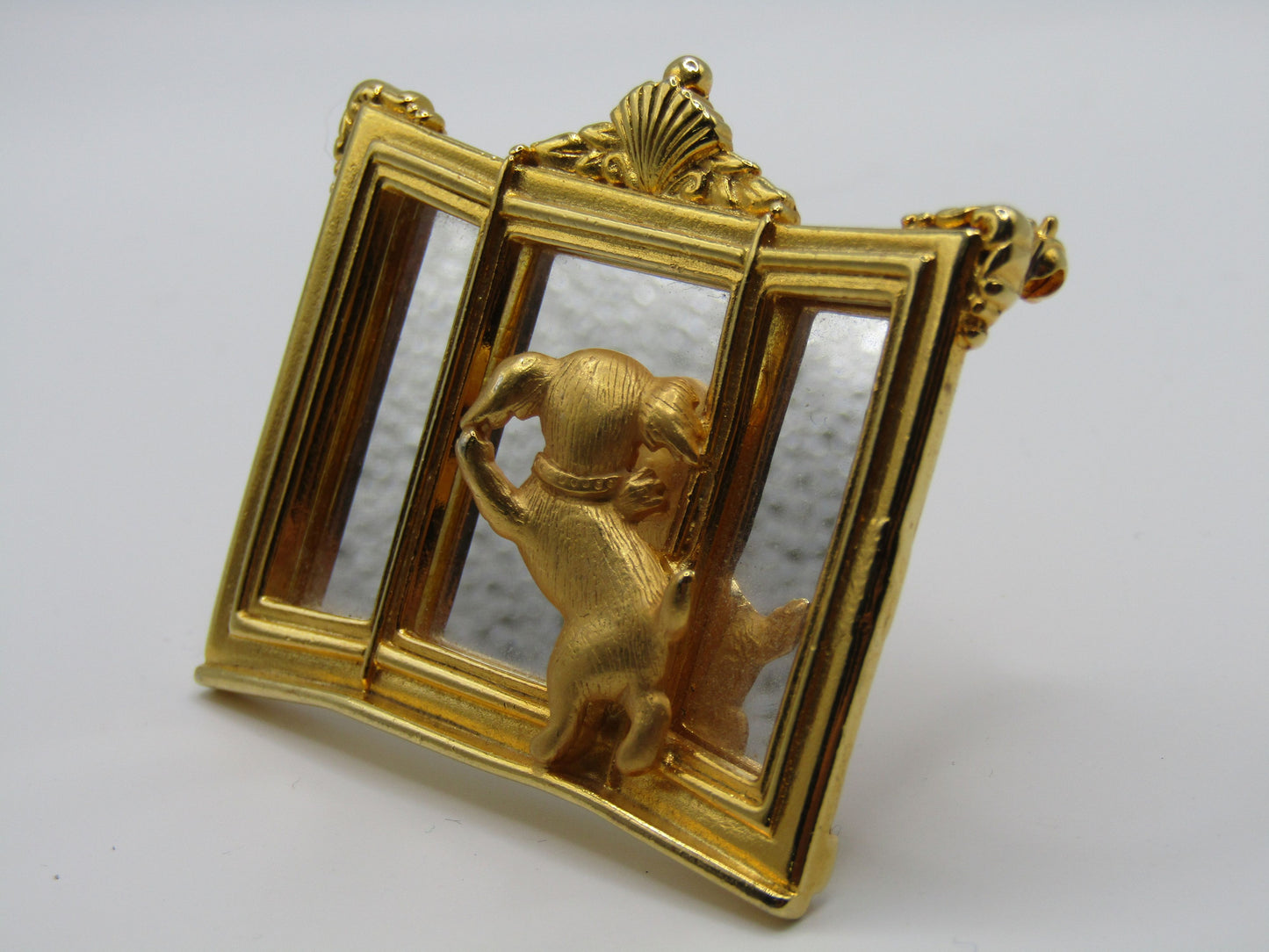Jonette Jewelry Gold Plated Dog Looking in The Mirror Brooch Pin