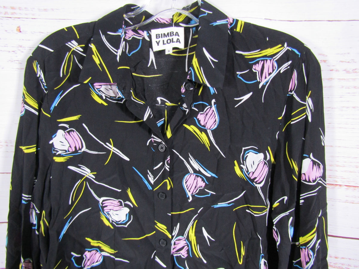 Bimba y Lola Women's Black Tulip Flower Blouse Size S