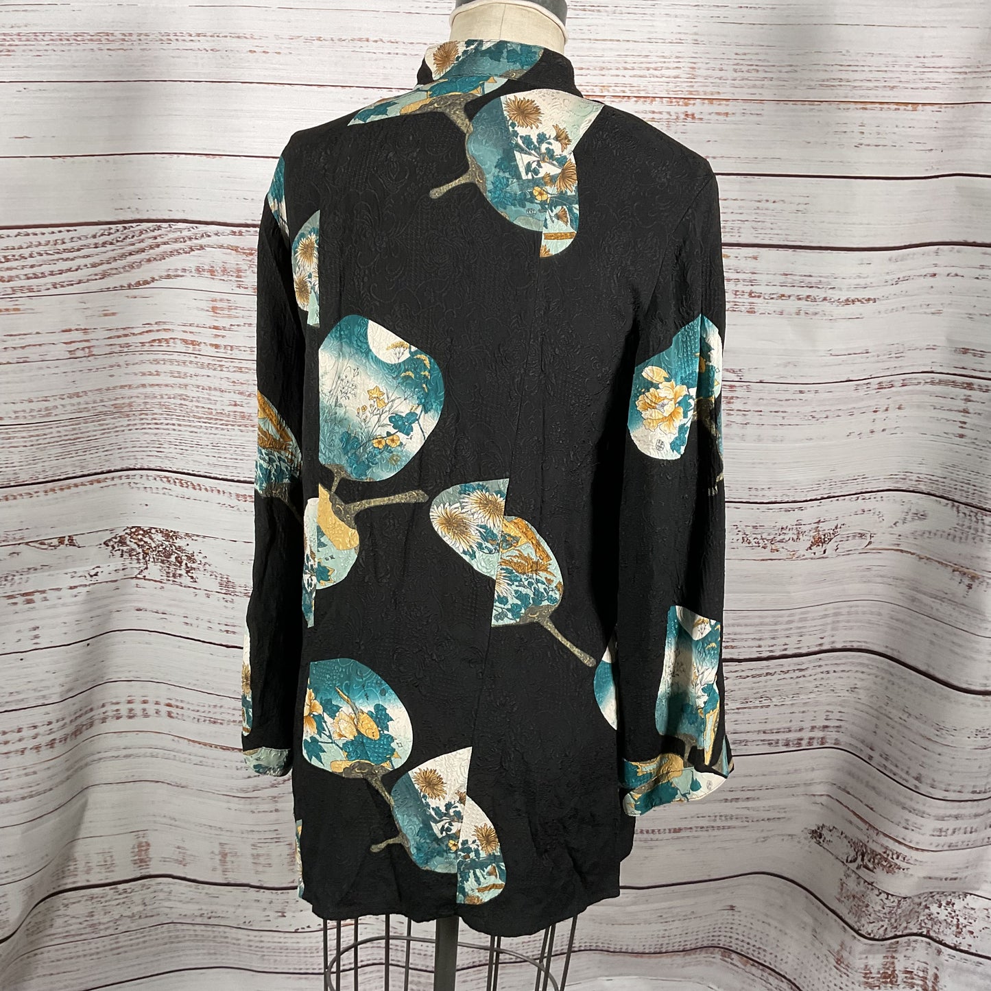 Citron Santa Monica Black Uchiwa Fan Pattern Silk Button Up Shirt - Size S