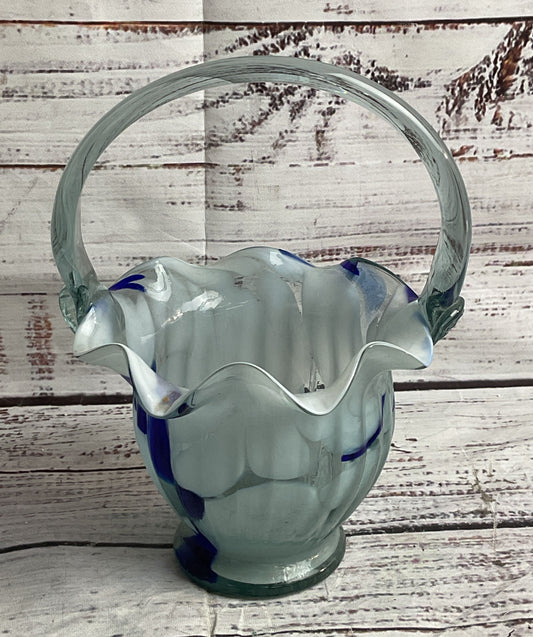 Vintage Glass Basket Style Candy Dish Blue Multicolor