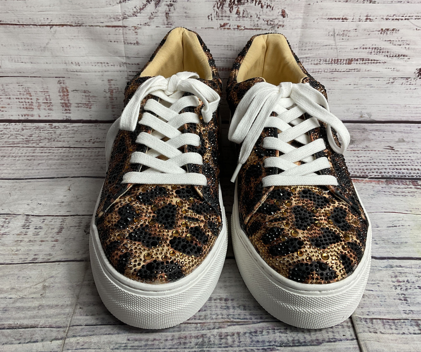 Betsey Johnson Suton Highwall Bling Platform Sneaker Tan Black Leopard Print 9
