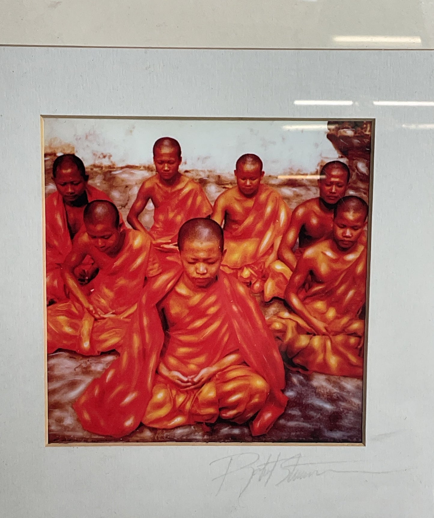 Young Buddhist Monks Meditating Signed Framed Print