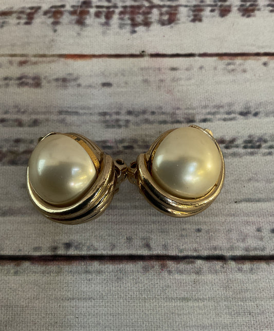 Vintage Panetta Gold Plated Faux Pearl Clip-On Earrings