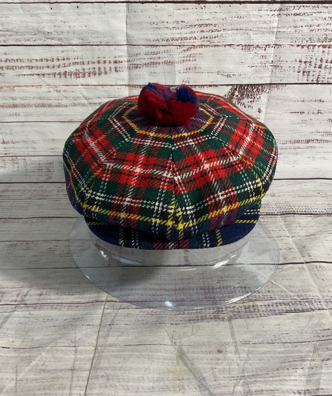 Scottish Clanwear Plaid Wool Beret Hat Pom Pom Made Scotland - Size 6 7/8