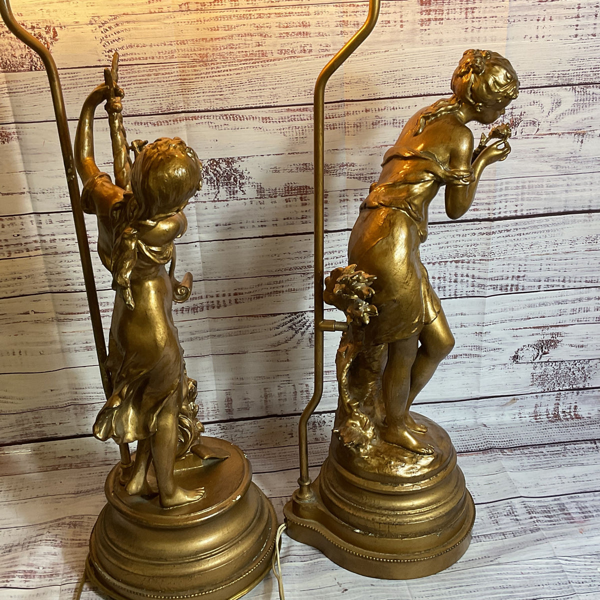 Set of 2 ANTIQUE MATHURINE MOREAU Maiden's with Harp and Flowers Lamps- 35"