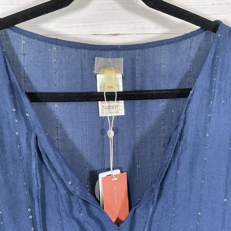 NWT Pilyq Angelica Sheer Island Blue Sequined Tunic Mini Dress - Size M/L