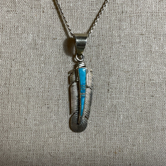 CALVIN BEGAY Sterling Turquoise 2.24" Feather Pendant 20" Chain Necklace- 10.68g