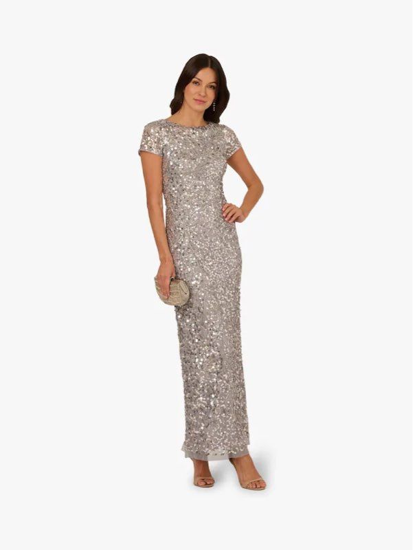 NWT Adrianna Papell Beaded Mesh Long Dress in Silver Size 2 Retail $329