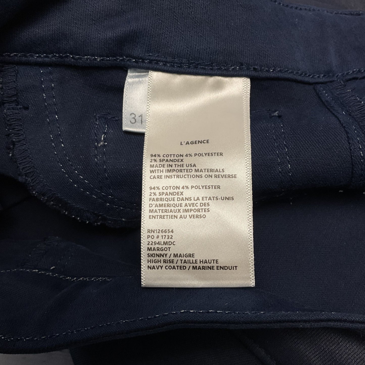 L'Agence Margot Navy Blue Skinny Stretch Wax Coated Pants - Size 31