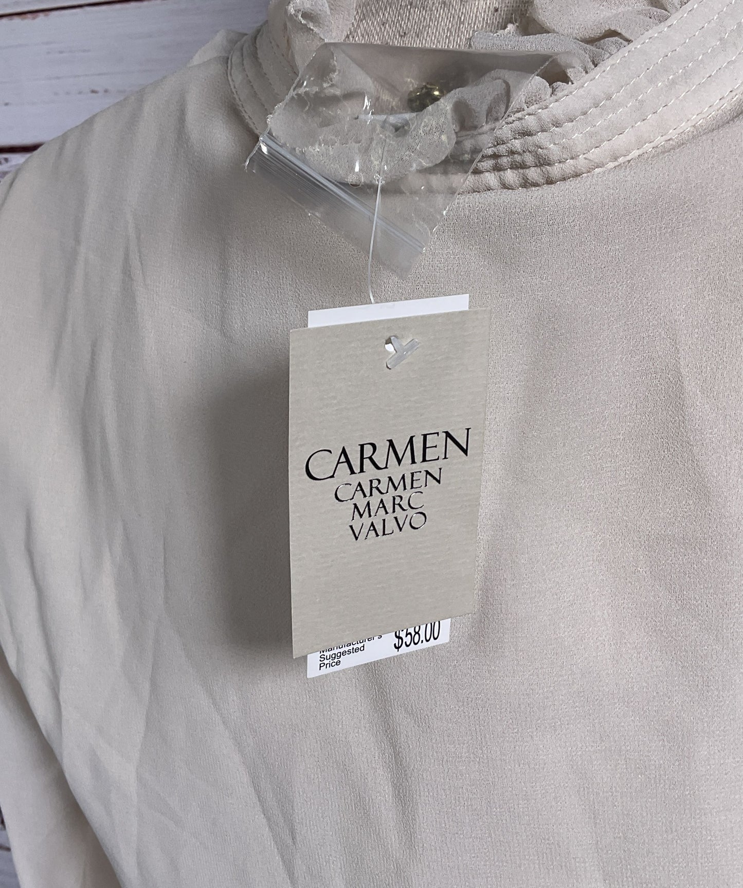 Carmen Marc Valvo Ruffle Button Blouse Tranquil Taupe S