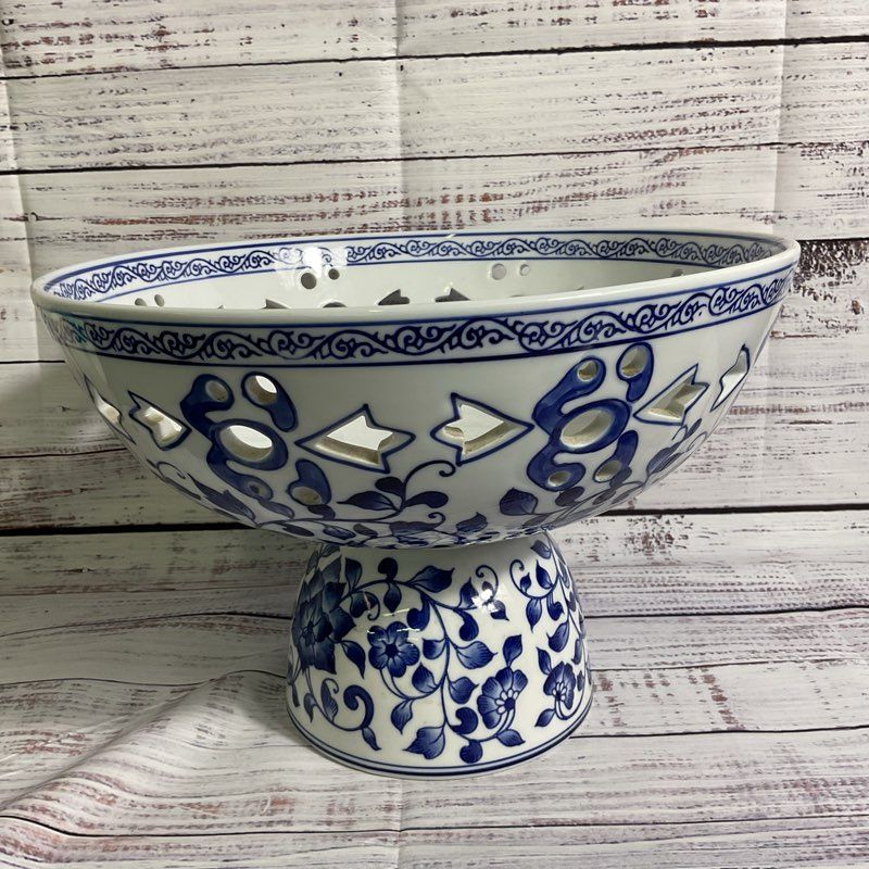VTG. BOMBAY Blue White Pierced Pedestal Bowl- 8" x 11"