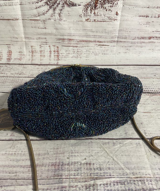 Vintage La Regale Metallic Beaded Dark Blue Clutch Bag Gold Tone Strap