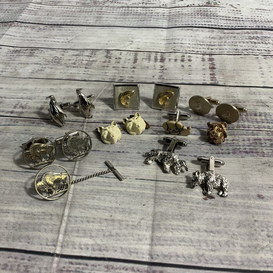 Mixed Lot 5 Cufflink Sets, 2 Stray Links, 1 Cufflink/Tie Bar Set Animal Motif