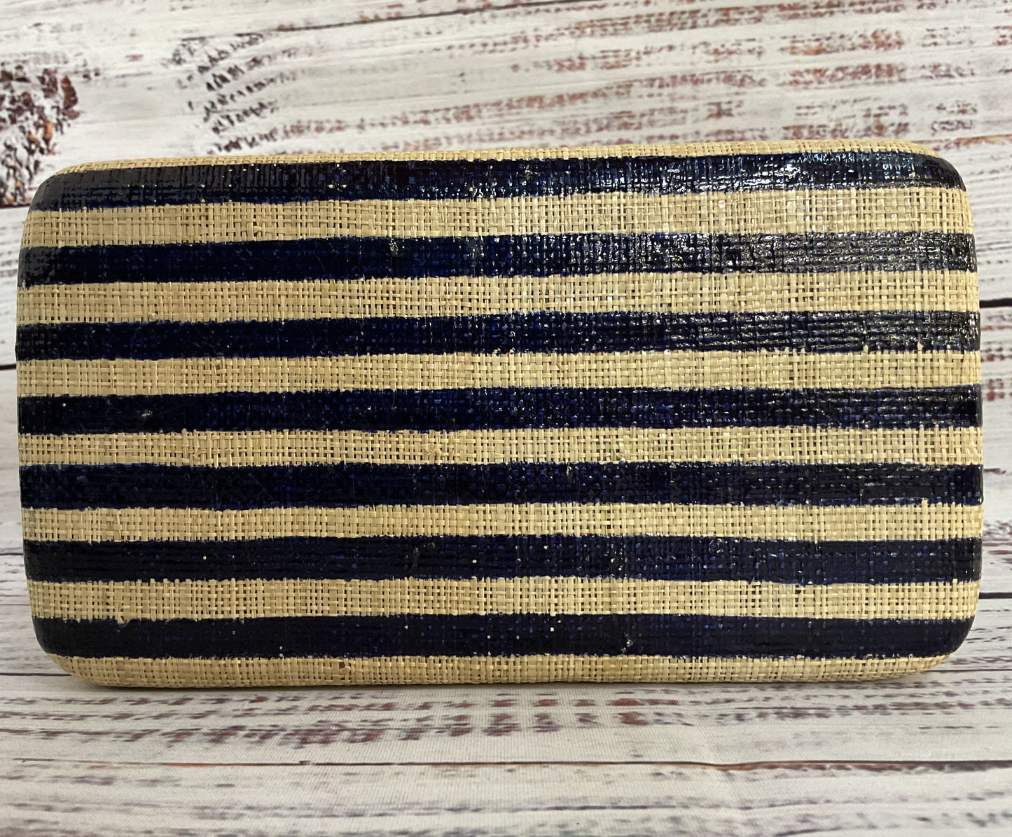 Kayu Vera Women's Beige Blue Striped Raffia Clutch Evening Bag MISSING LEMON