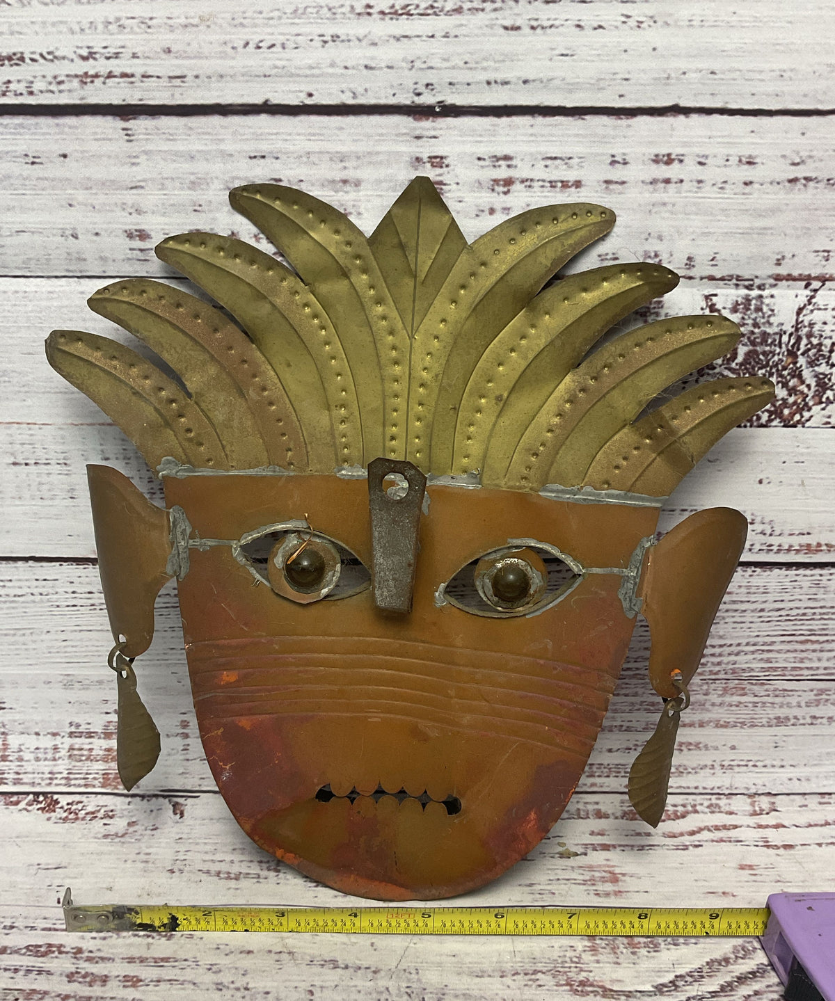 Tooled Embossed Metal Glass Bead Eye Mexican Wall Mask