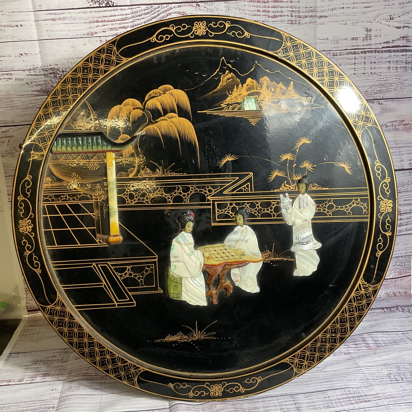 VTG./ANTIQUE Small Chinese Mother of Pearl Black Lacquer Table- 24x24x10