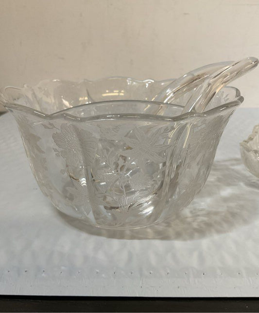 Etched Floral Clear Divided Round Condiment/ Relish Bowl With Spoons -Small Tray