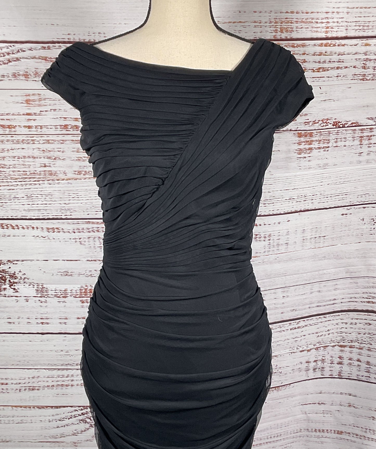 Tadashi Shoji Ruched Chiffon Lace Bodycon Black XS