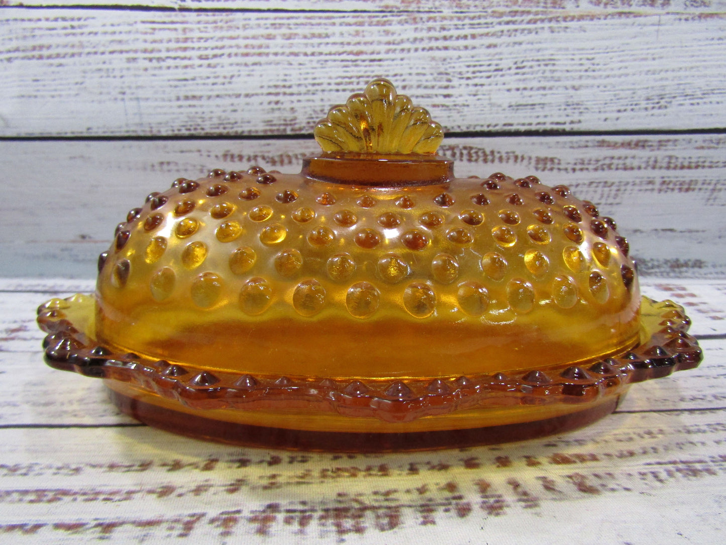 Vintage L.E. Smith Hobnail Amber Glass Covered Butter Tray Shaker