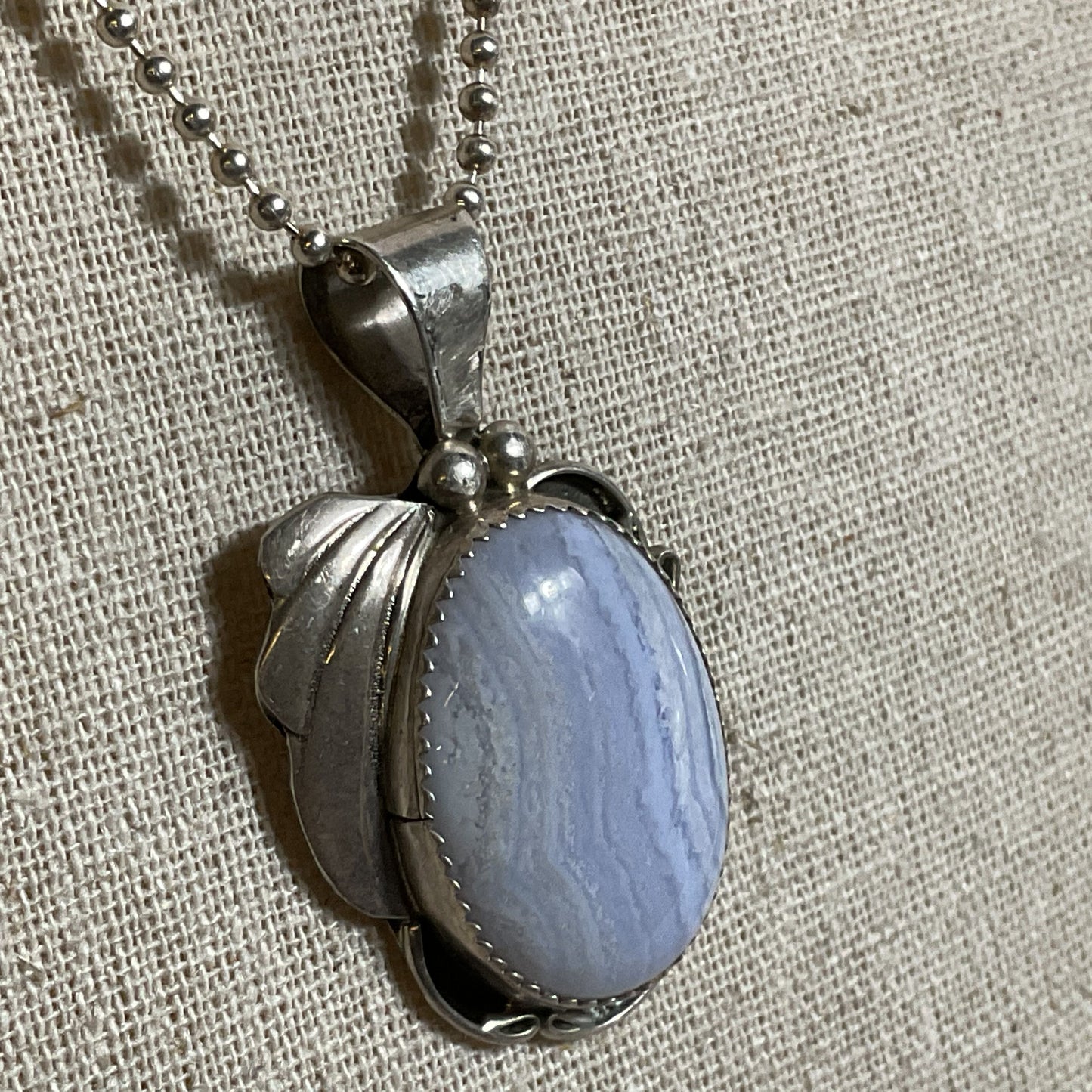 BBT Sterling Silver & Blue Lace Agate Oval Pendant 36" Chain Necklace- 19.13g