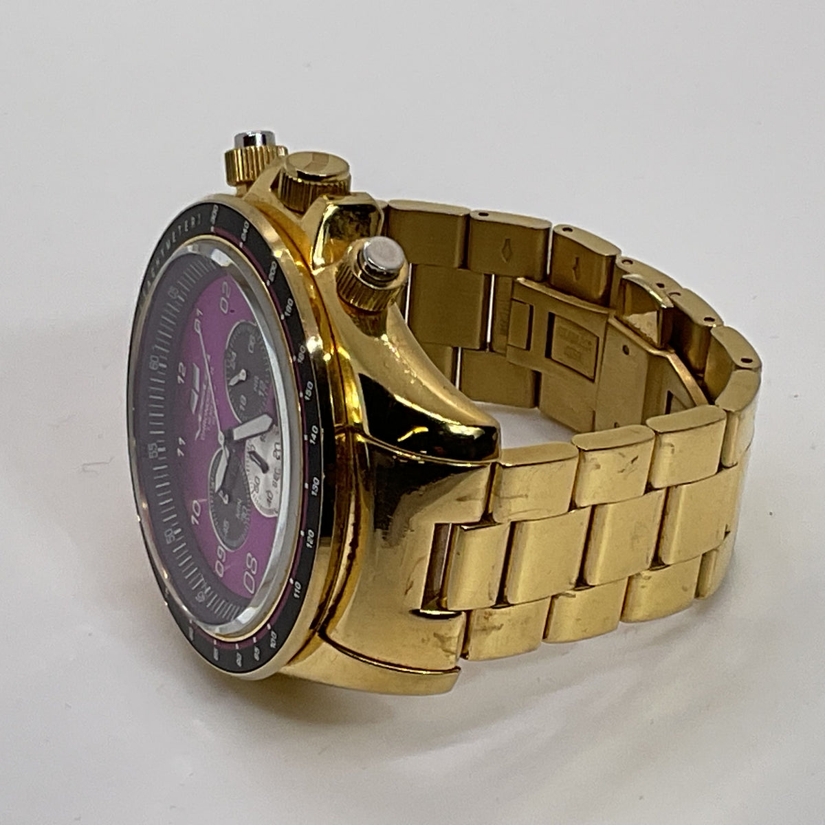 VESTAL ZR3 Men's Gold Tone Purple Dial Quartz Chronograph Date Watch- 7"